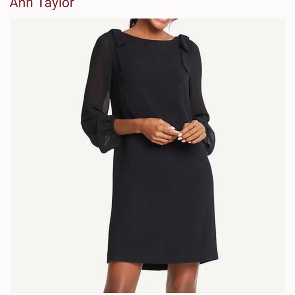 Ann Taylor black shift dress with sheer sleeves, bow on shoulders